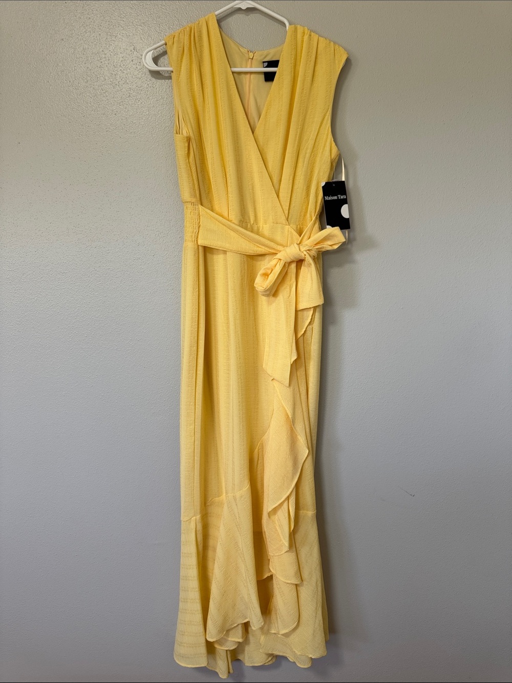 Maison Tara Pale Yellow Wrap Maxi Dress with Waist Tie